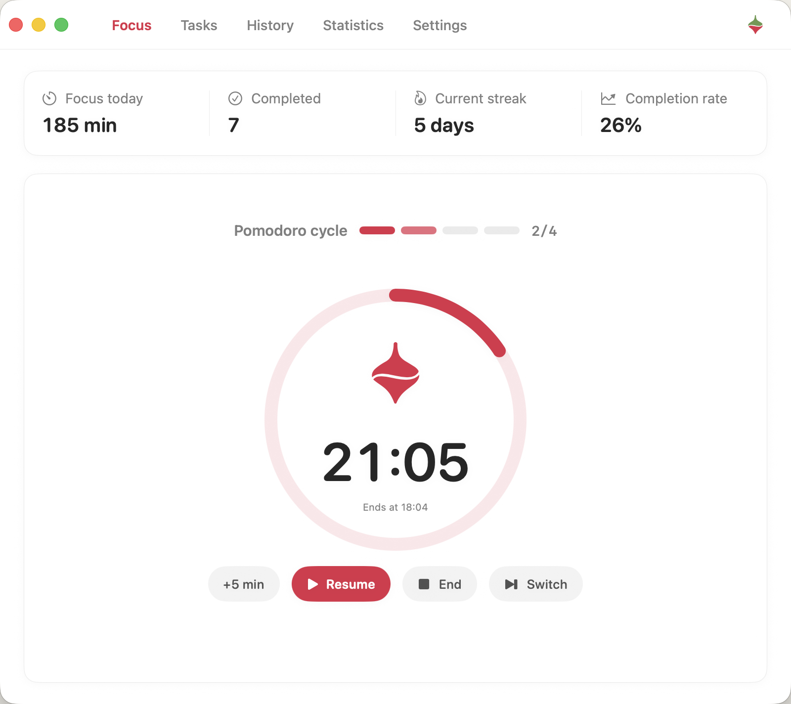 Pomodoro timer in the Gyrondo main window